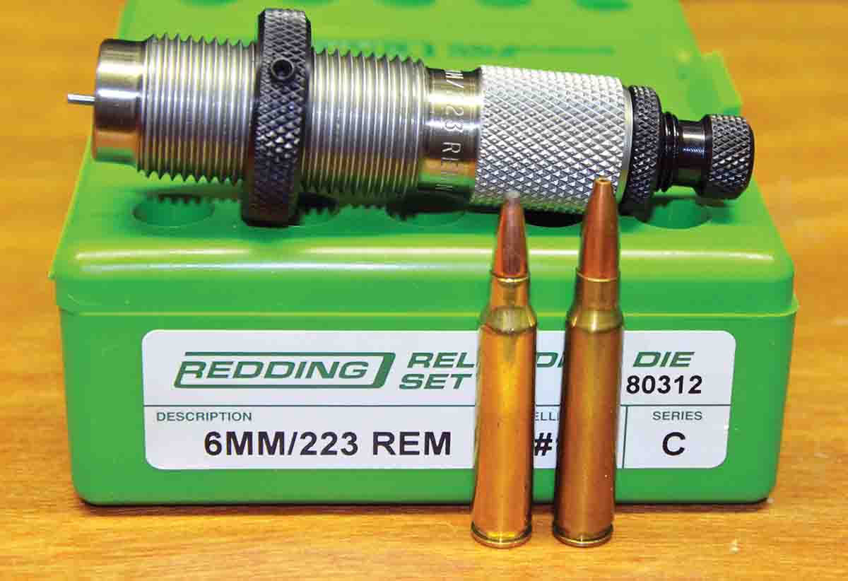 A tapered expander button in the resizing die of 6x45mm die set makes necking up virgin or once-fired .223 Remington cases for .243-inch bullets easy with no case loss. Cartridges are the .223 Remington (left) and the 6x45mm (right).